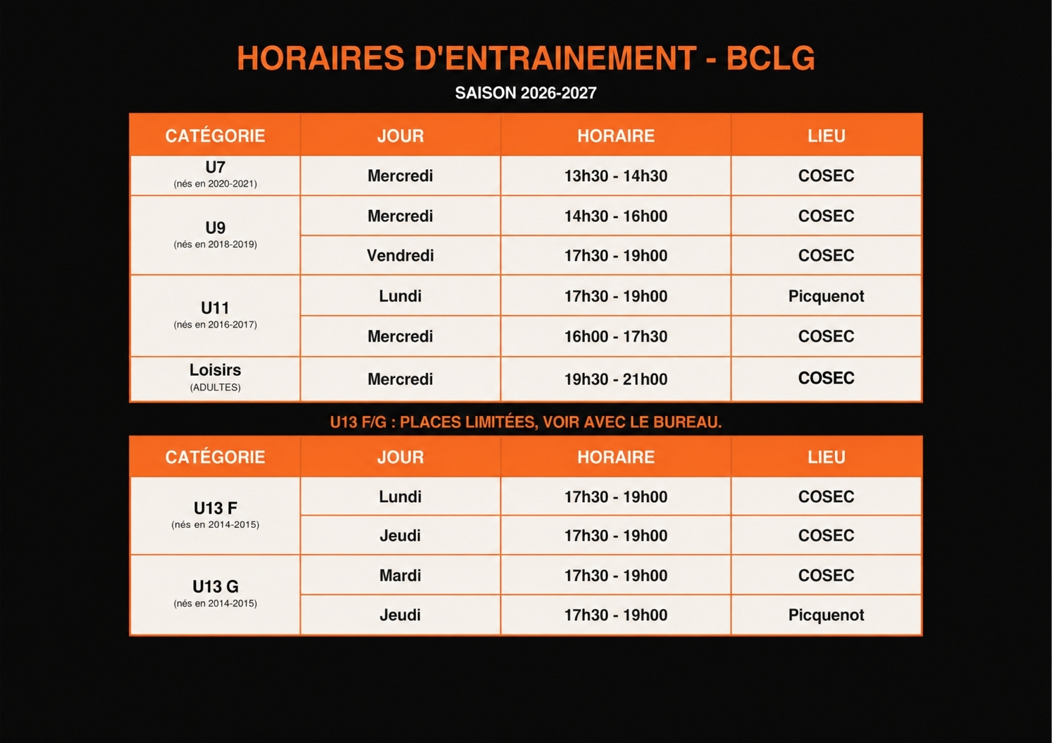 Horaires d'entrainement