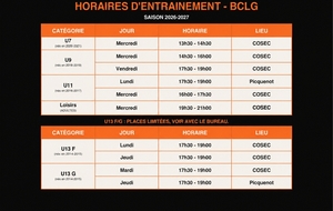 Horaires d'entrainement