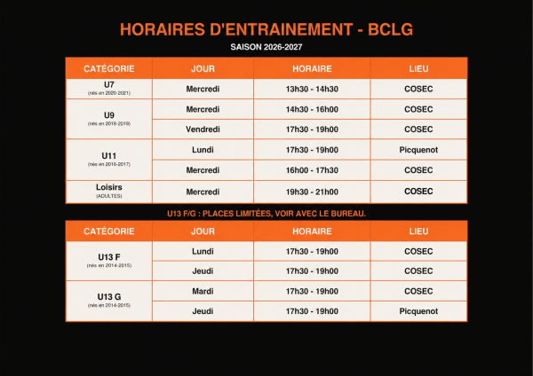 Horaires d'entrainement